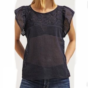 SET Lace Yoke Eyelet Flutter Sleeve Top - Navy size 6 or S Like New